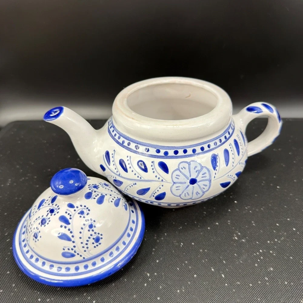 Le Souk Ceramique Teapot Sabrine Blue White Hand Painted Pottery Made in Tunisia